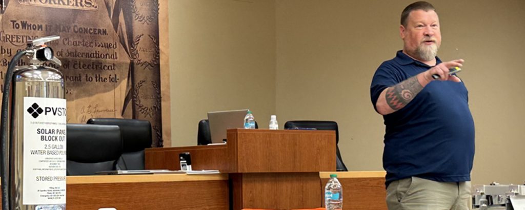 Chicago Local 134's Robert Hattier has been teaching firefighters and other first responders the basics of electrical safety for nearly 10 years, with a focus on solar, energy storage and electric vehicles.