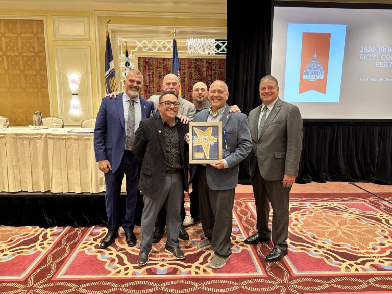 Local Union 68 received awards for Most PAC Contributions Per Member ($65.31 per member) and Most PAC Contributions in Total ($131,543.50 total)