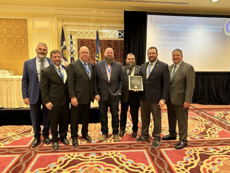 Local Union 354 received awards for Highest Net Gain in Membership (532 members) and Highest Percentage Gain in Membership (20.2%) Over Preceding Twelve-Month Period