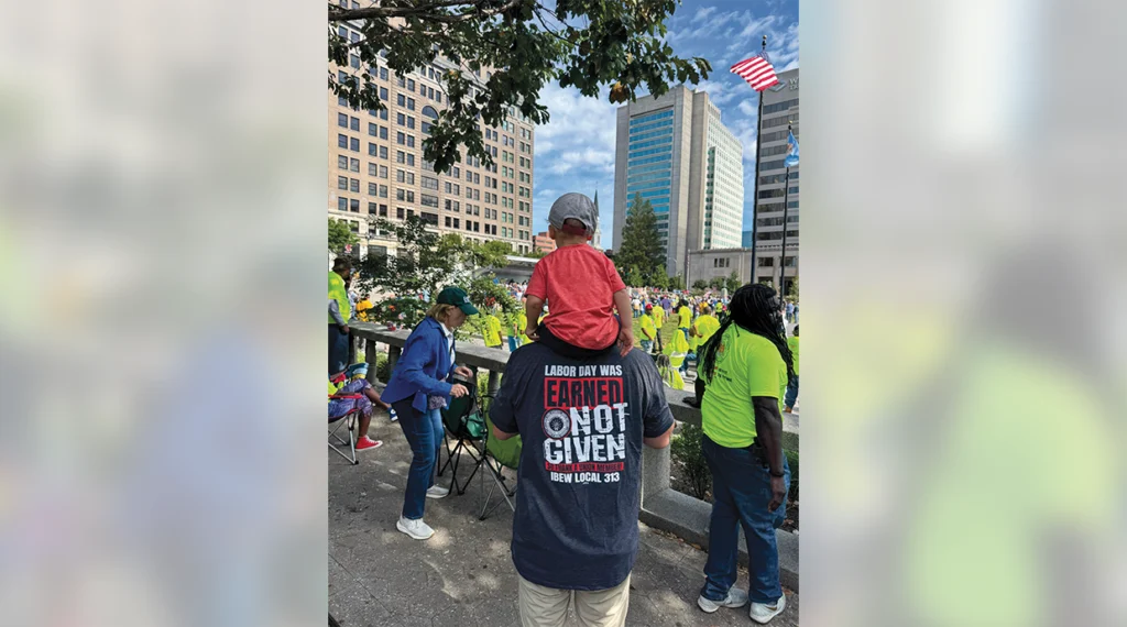 Local 313 Brother Matt O’Neal with his son, Julian, at the Labor Day rally in Wilmington, Del.